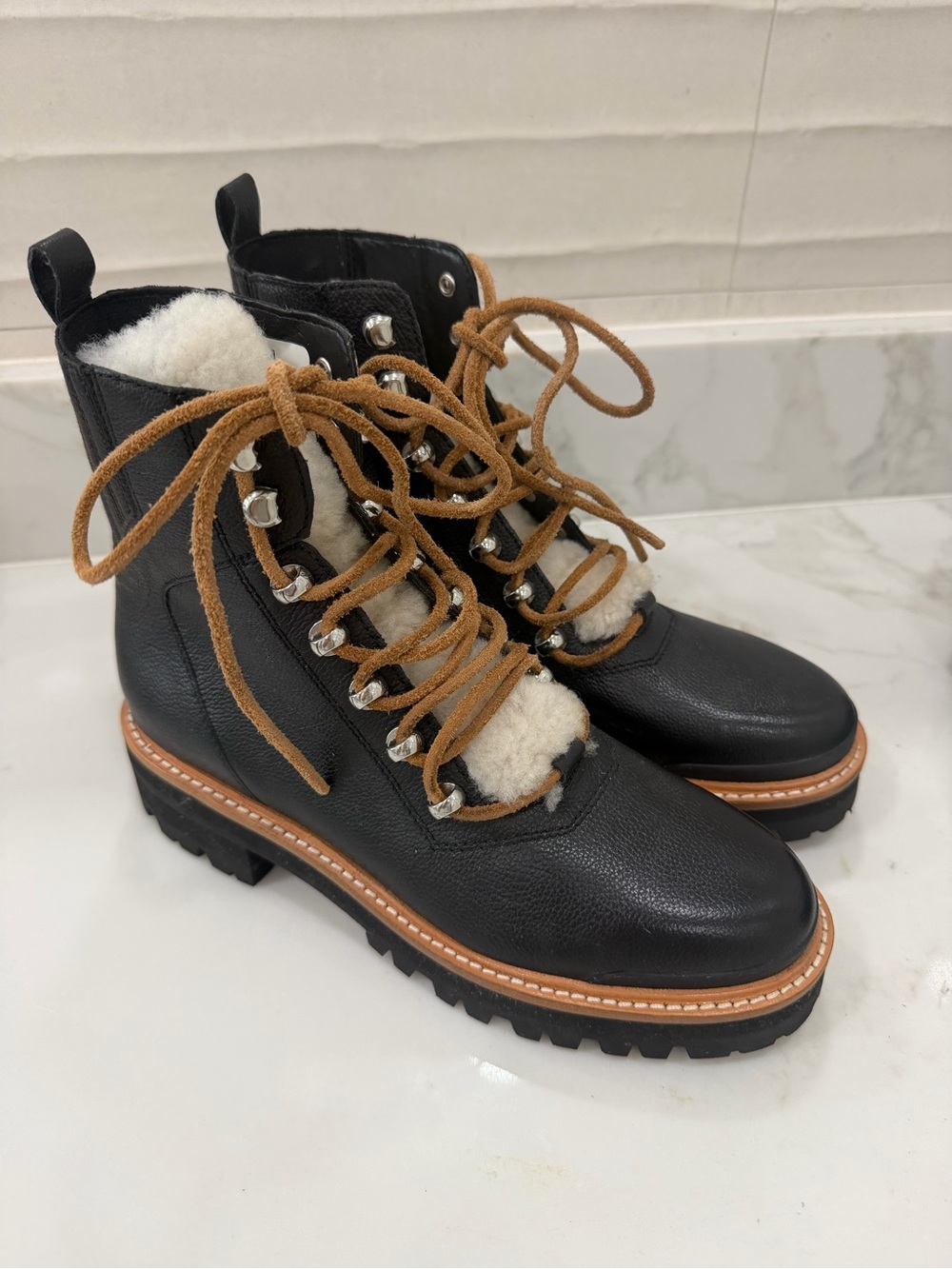 NEW Marc Fisher Izzie Black Hiking Combat Snow Boots with Tan Laces